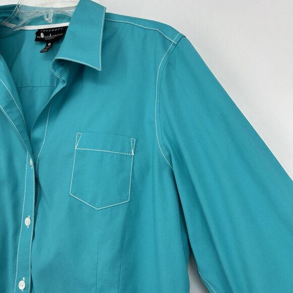 Foxcroft Non Iron Button Up Shirt Fitted Fit Blue 3/4 Roll Tab Sleeves Size 14 - Picture 3 of 10